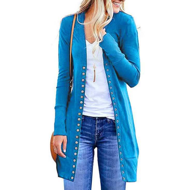 Halife Women's Long Sleeve Snap Button Down Knit Ribbed Neckline Cardigan Sweater