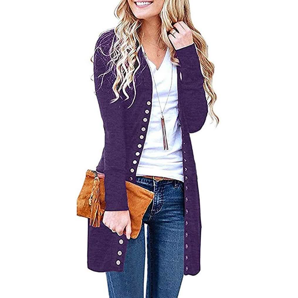 Halife Women's Long Sleeve Snap Button Down Knit Ribbed Neckline Cardigan Sweater