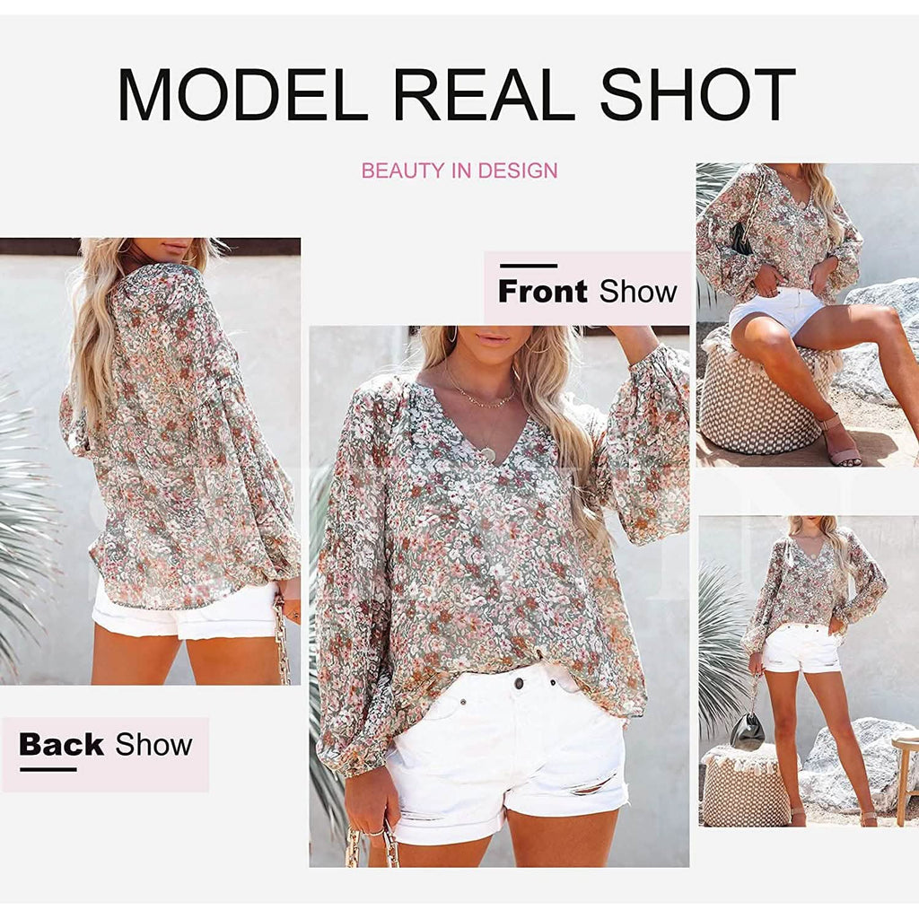 Womens Casual Boho Floral Print V Neck Long Sleeve Loose Blouse
