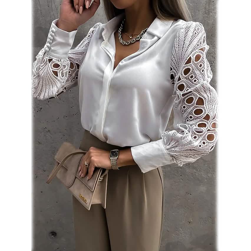 Women's Long Sleeve Cutout Lace Button Down Shirt