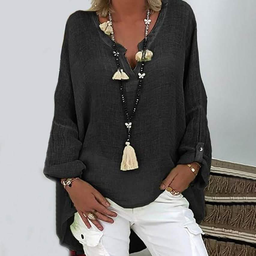 Women's Solid Colored Long Sleeve Button V Neck Basic Top