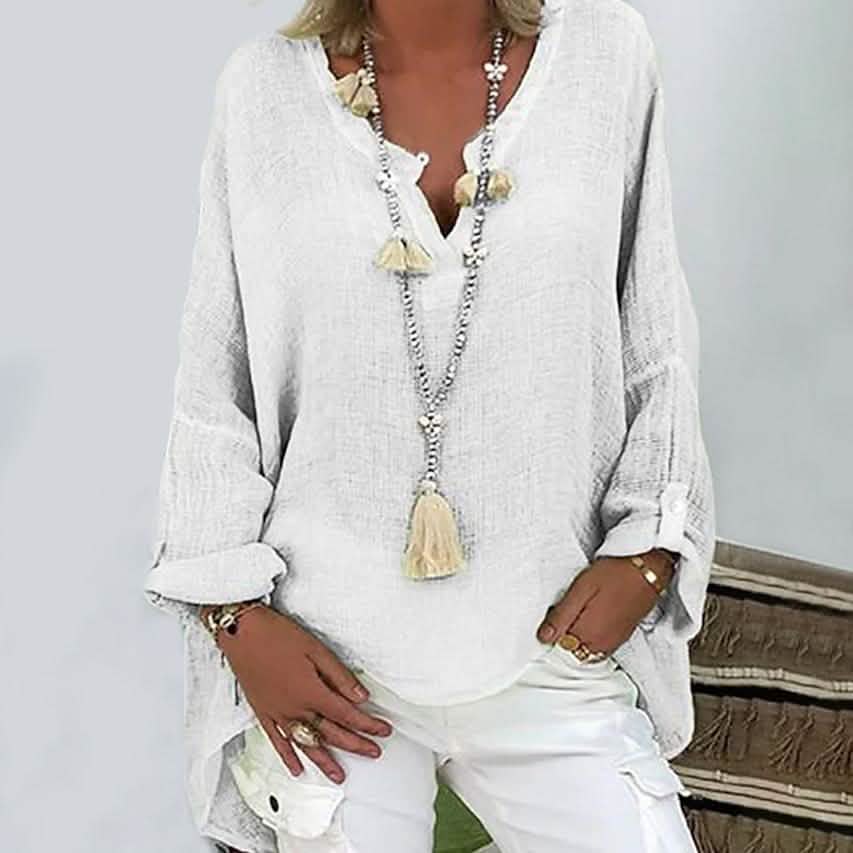 Women's Solid Colored Long Sleeve Button V Neck Basic Top